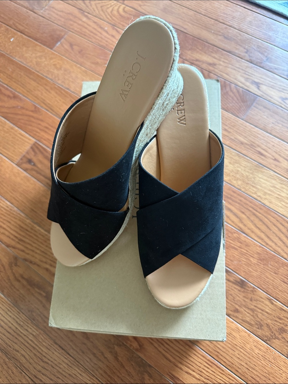 J. Crew Black Crisscross Suede Espadrille Peep Toe Wedge Sandals